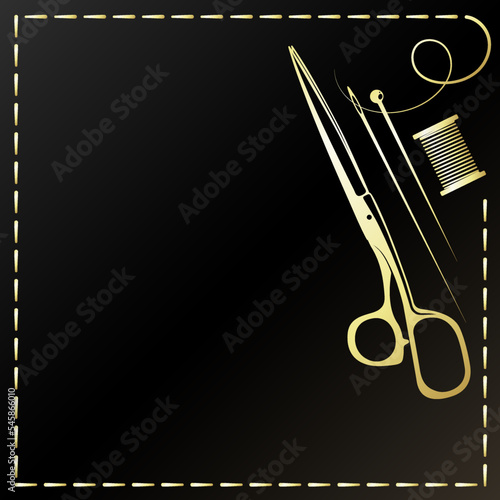 Golden banner for sewing and cutting. Scissors needle and string of threads