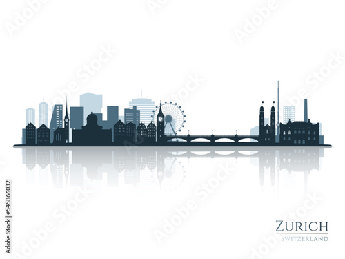 Zurich skyline silhouette with reflection. Landscape Zurich  Switzerland. Vector illustration.