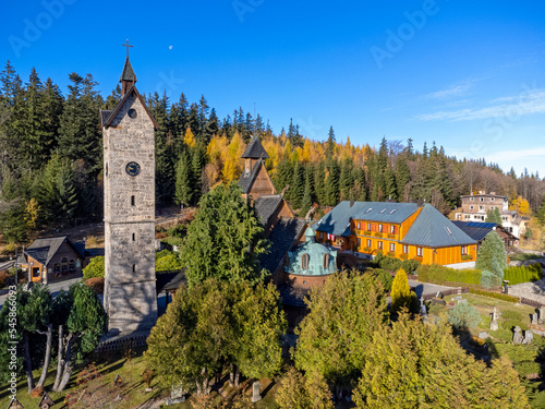 Obraz na płótnie Old wooden Temple of Wang, church in Karpacz, Poland. Aerial view. w salonie