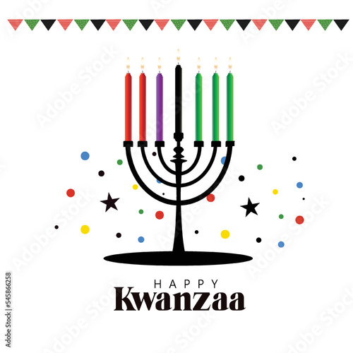 Happy Kwanzaa vector flat illustration. Traditional african american ethnic holiday design concept with candle holder menorah and burning candles.