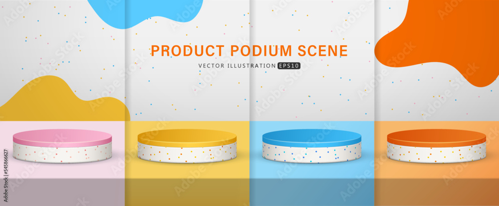 Set of realistic blue, pink, yellow and orange cylinder pedestal podium with dot seamless pattern  in background for scene show product display. 3D vector