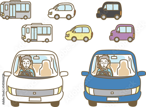 マイカー通勤の青年と自動車とバスのイラスト素材セット