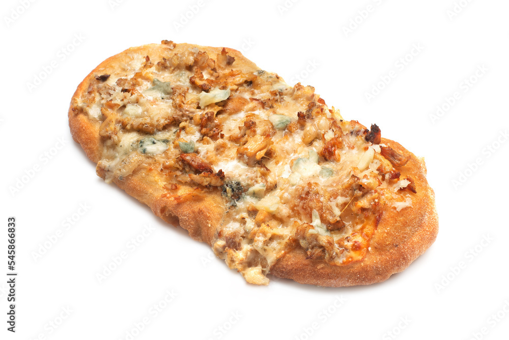 Fresh baked focaccia or pizza with pieces of meat and cheese close-up.