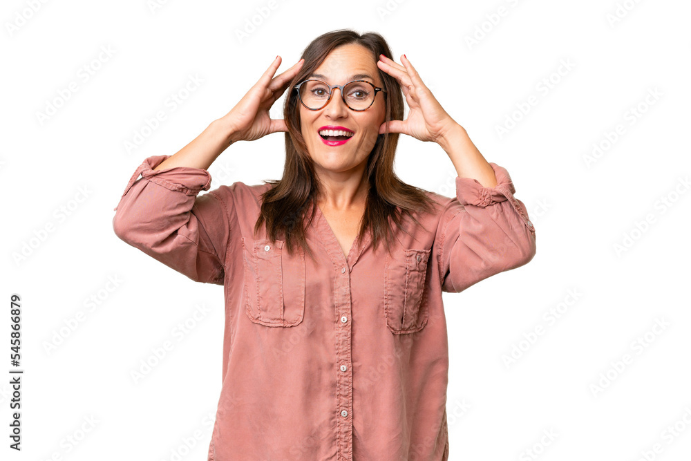 Middle-aged caucasian woman over isolated background with surprise expression Middle-aged caucasian woman over isolated background with surprise expression