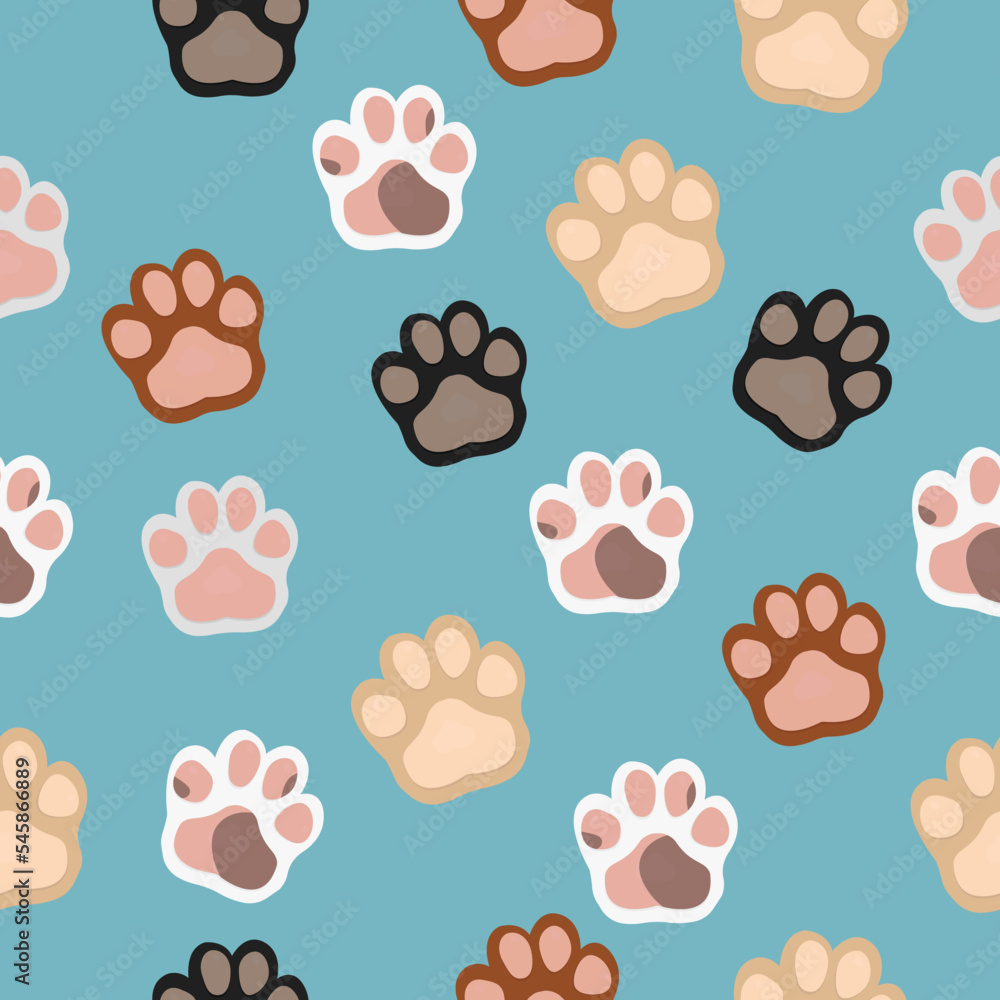 Seamless pattern with different paws on blue background