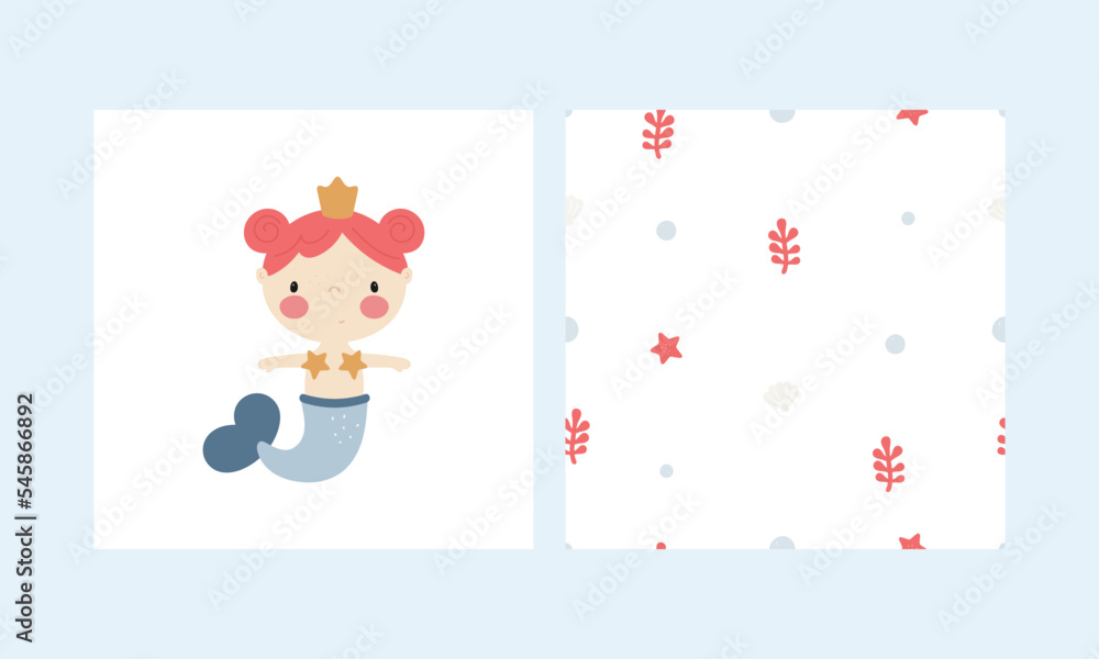 Vector print with little mermaid and sea seamless pattern. Cartoon style. For greeting card, posters, banners, printing on the pack, printing on clothes, fabric, wallpaper. Vector print with little mermaid and sea seamless pattern. Cartoon style. For greeting card, posters, banners, printing on the pack, printing on clothes, fabric, wallpaper.