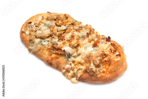 Fresh baked focaccia or pizza with pieces of meat and cheese close-up.