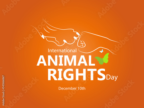 International Animal Rights Day. December 10th. Silhouette of fist and paw colliding on background in orange tones.