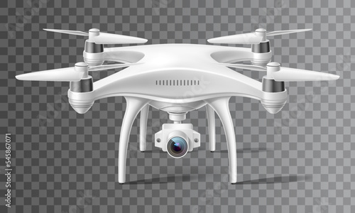 Drone With A Camera Taking Photography Or Video Recording. Vector Art On Isolated Background. Drone Icon In Flat Style.