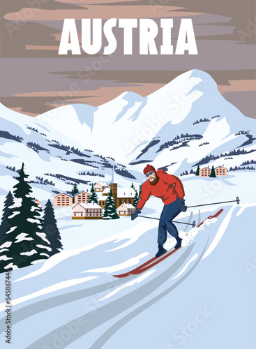 Austria Ski resort poster, retro. Alpes Winter travel card