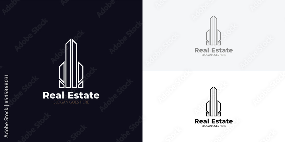 White And Black Building Company Logo On The Black Background. Vector Illustration.