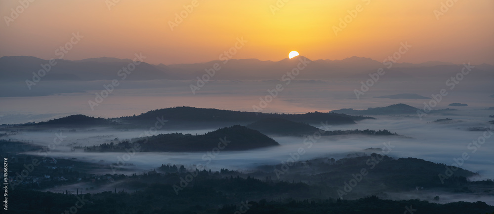 Panorama of the Greek island of Corfu at sunrise