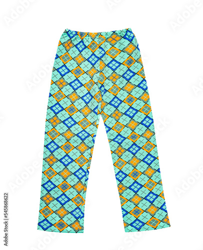 Children's wear - Checkered blue-turquoise pajama pants, isolated on a white background.