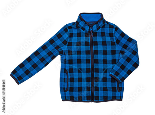 Children's wear - Blue checkered fleece warm jacket with a zipper. Isolated on white.