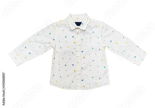 Children's wear - cotton shirt with an ornament for a kid with long sleeves and buttons, isolated on white.