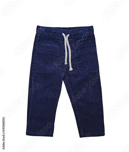 Children's wear - blue corduroy pants for toddler, isolated on white.