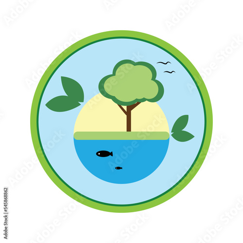 Eco friendly concept. Ecological sustainable development. Tree growing near the lake with fish. Green lifestyle. Organic label. Save the Earth day.Planet and nature symbol. Environment protection