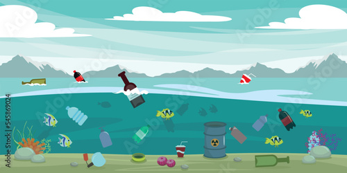 Vector illustration of littered sea. Cartoon sea landscape with an ecological disaster with the release of bottles, plastic and chemical waste into the ocean around which fish swim and algae grow.