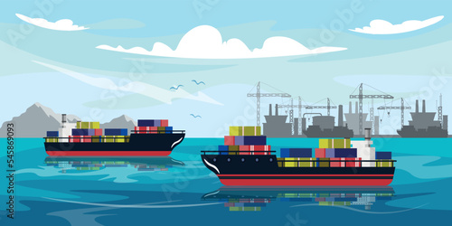 Vector illustration of sea port. Cartoon sea landscape with cargo ships with different containers, big cranes, seagulls.
