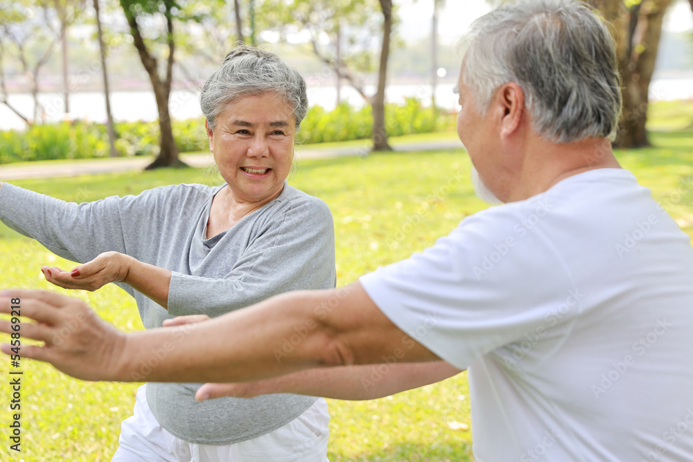Asian senior couple practice yoga excercise, tai chi tranining, stretching and meditation together with relaxation for healthy in park outdoor after retirement. Happy elderly outdoor lifestyle concept Asian senior couple practice yoga excercise, tai chi tranining, stretching and meditation together with relaxation for healthy in park outdoor after retirement. Happy elderly outdoor lifestyle concept