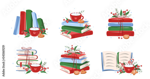 Books, cup coffee or cocoa with winter leaves, berries, cookies and sweets. Set of reading elements for  bookshop, library, bookstore or education. Vector illustration on white background
