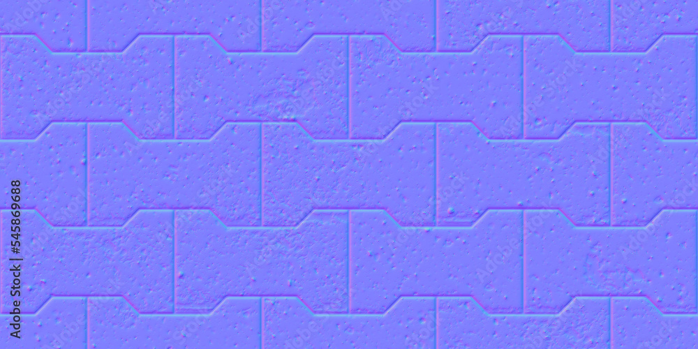 Normal map of pavement seamless pattern with dumble interlocking textured concrete bricks. Bump mapping of pathway texture top view. Outdoor slab sidewalk. Block floor 3d rendering shader illustration