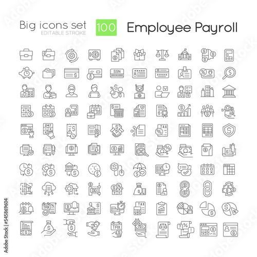 Employee payroll linear icons set. Wage payment regulation. Accounting service. Customizable thin line symbols. Isolated vector outline illustrations. Editable stroke. Quicksand-Light font used