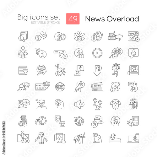 News overload linear big icons set. Information consumption. Media diet. Content hygiene. Mental health. Customizable thin line symbols. Isolated vector outline illustrations. Editable stroke