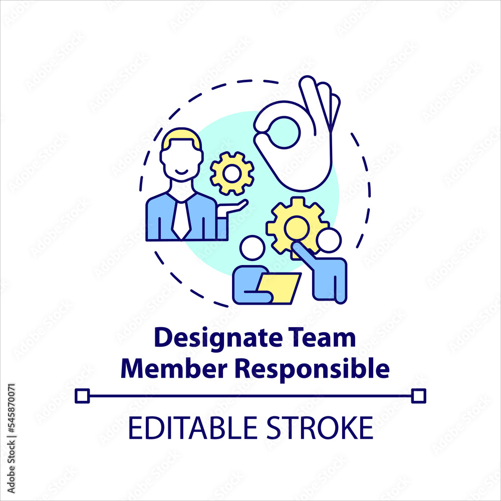 Designate team member responsible concept icon. Define manager. Choose leader abstract idea thin line illustration. Isolated outline drawing. Editable stroke. Arial, Myriad Pro-Bold fonts used Designate team member responsible concept icon. Define manager. Choose leader abstract idea thin line illustration. Isolated outline drawing. Editable stroke. Arial, Myriad Pro-Bold fonts used