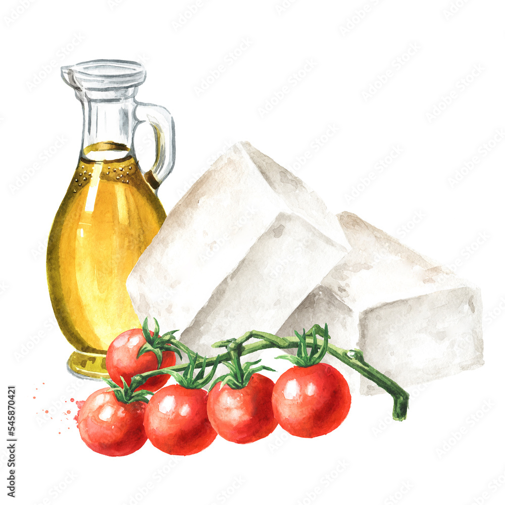 White brine cheese with olive oil and tomatoes. Hand drawn watercolor illustration, isolated on white background White brine cheese with olive oil and tomatoes. Hand drawn watercolor illustration, isolated on white background