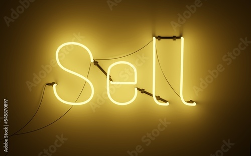 Render of a bright bright neon sign with Sell in yellow inscription indicating that the store pub or restaurant has discounts and sales. Sell in neon sign 4K RGB. High quality 3d illustration