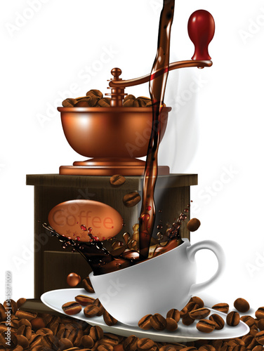 Manual coffee grinder, cup of coffee and splash effect, 3D vector. High detailed realistic illustration