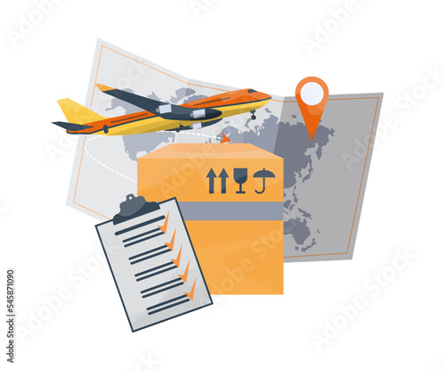 Logistics concept. Big box delivered by plane. Cargo delivery. International delivery service. Logo, icon. Flat vector illustration.