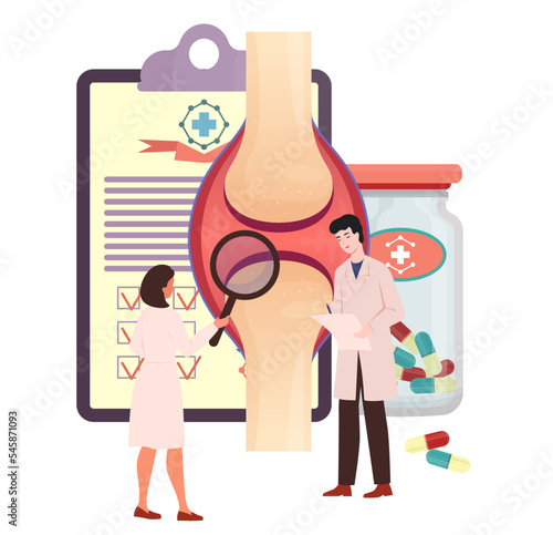 Joint disease concept. Doctors examining knee joint and prescribing medicines, cure. Osteoarthritis, rheumatoid arthritis treatment. Knee injury. Checkup after trauma. Flat vector illustration.