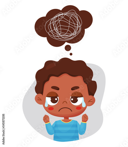 Sad crying black ethnic boy and bubble with confused thoughts, search for an answer. Vector illustration in cartoon style. Psychological concept thinking, depression, thoughts, doubts, longing.