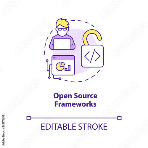 Open source frameworks concept icon. Digital technology. Web development trend abstract idea thin line illustration. Isolated outline drawing. Editable stroke. Arial, Myriad Pro-Bold fonts used