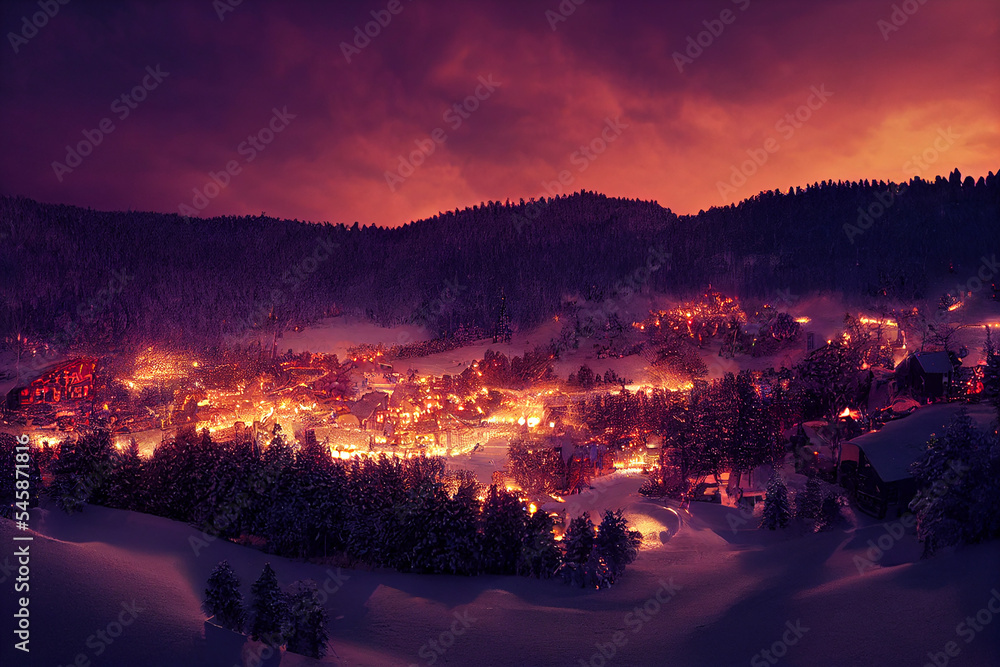 Ski Resort at Night, Beautiful Village at Winter, Winter Magic, Fairytale Scene, Town in the Mountains, Snow Covered, Holiday Season