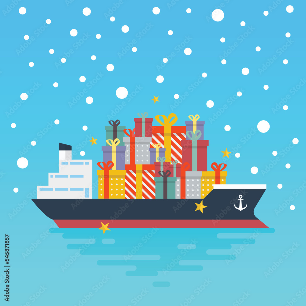 Container cargo ship with gift present boxes