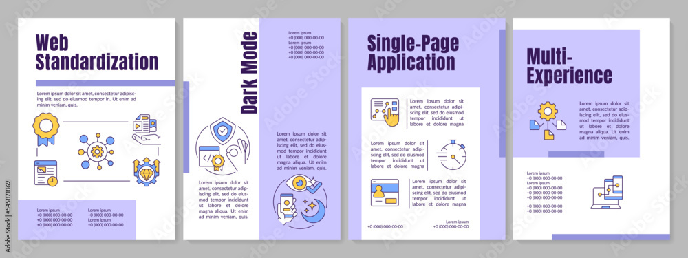 Web standardization purple brochure template. App development. Leaflet design with linear icons. Editable 4 vector layouts for presentation, annual reports. Anton, Lato-Regular fonts used