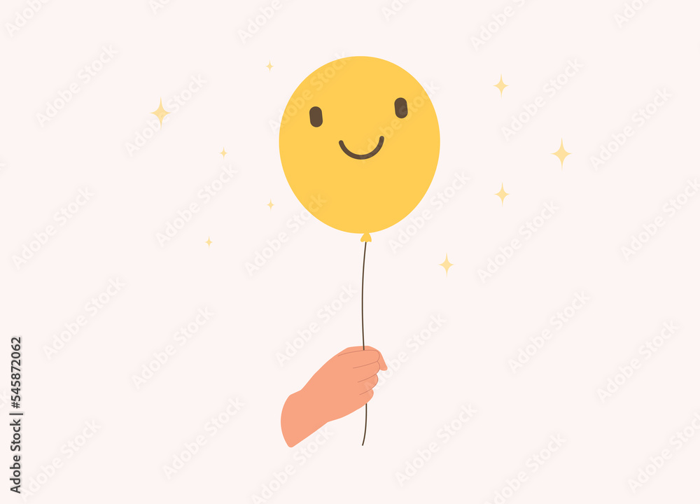 A Person’s Hand Holding A Smiley Yellow Balloon. Close-Up. Flat Design Style, Character, Cartoon.