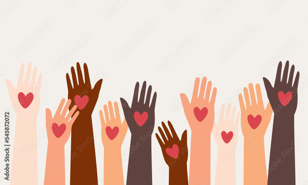 Group Of Diverse Hands With Heart Shape Love On Palms Raising Up. Close-Up. Flat Design Style, Character, Cartoon. Group Of Diverse Hands With Heart Shape Love On Palms Raising Up. Close-Up. Flat Design Style, Character, Cartoon.