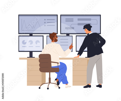 Work with information, cyber security and communication in big data center. People, online markets analysis at multiple-screen computer. Flat graphic vector illustration isolated on white background