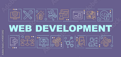 Web development word concepts dark blue banner. App production. Infographics with editable icons on color background. Isolated typography. Vector illustration with text. Arial-Black font used