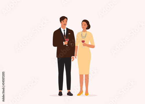 Smiling Young Indian Couple With Formal Wear Having Evening Drink. Full Length. Flat Design Style, Character, Cartoon.