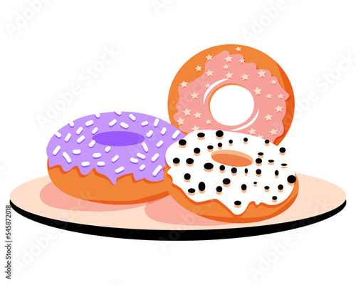 Glazed donuts on plate. Sweet food. Dessert. Vector illustration.