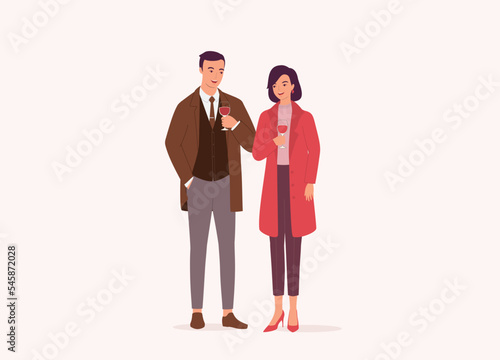 Smiling Young Couple With Formal Wear Having Evening Drink. Full Length. Flat Design Style, Character, Cartoon.