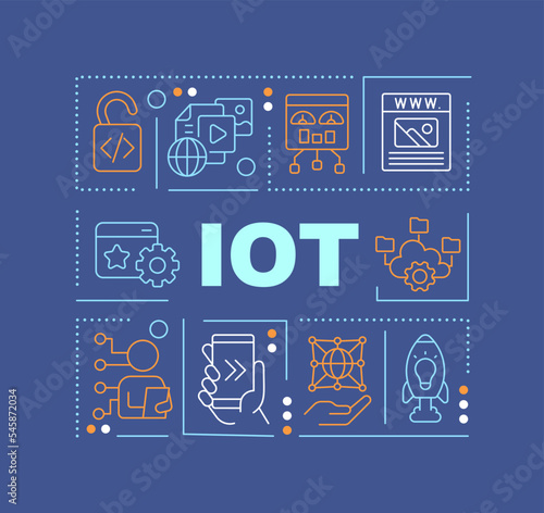 Internet of things word concepts dark blue banner. Digital future. Infographics with editable icons on color background. Isolated typography. Vector illustration with text. Arial-Black font used