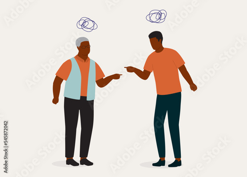 Angry Black Elderly Father And Son Fighting With Finger Pointing At Each Other. Full Length. Flat Design Style, Character, Cartoon.