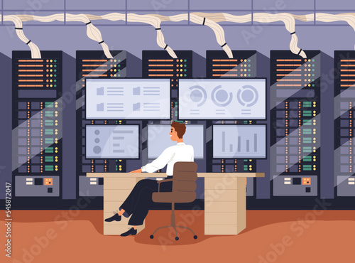 Administrator at computer in server room. Work with information technology, cybersecurity, big data storage, administration, database analysis and cyber security maintenance. Flat vector illustration