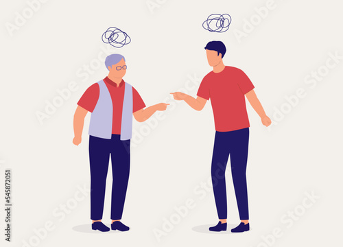 Angry Elderly Father And Son Fighting With Finger Pointing At Each Other. Full Length. Flat Design Style, Character, Cartoon.